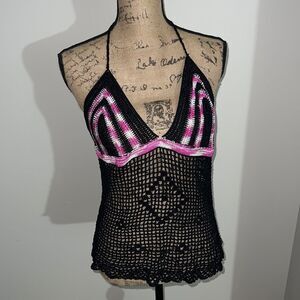 Pink & Black Crochet Knitted Halted Top medium